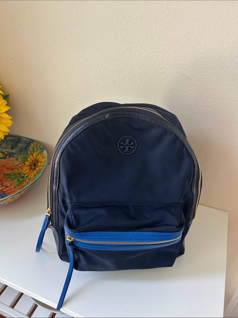 Tory Burch Navy Backpack with Bright Blue Zip Accents